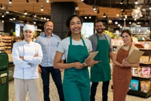 Grocery employees posing for a team photo in the supermarket.