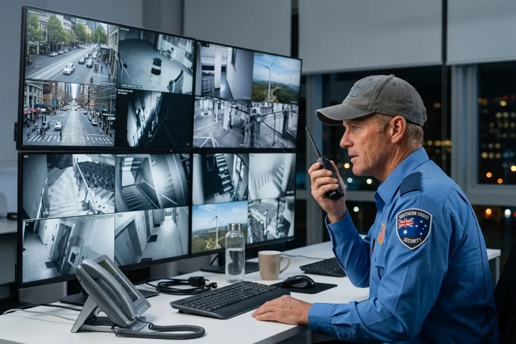 Guard checking the camera footage while talking to the radio