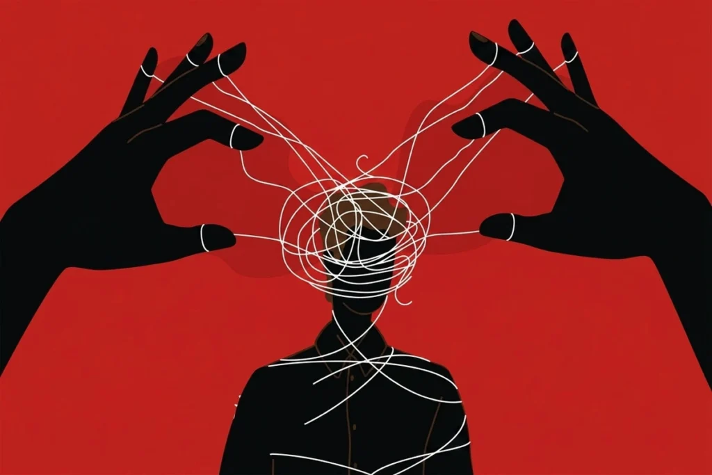 Hand controlling a person with strings like a puppet