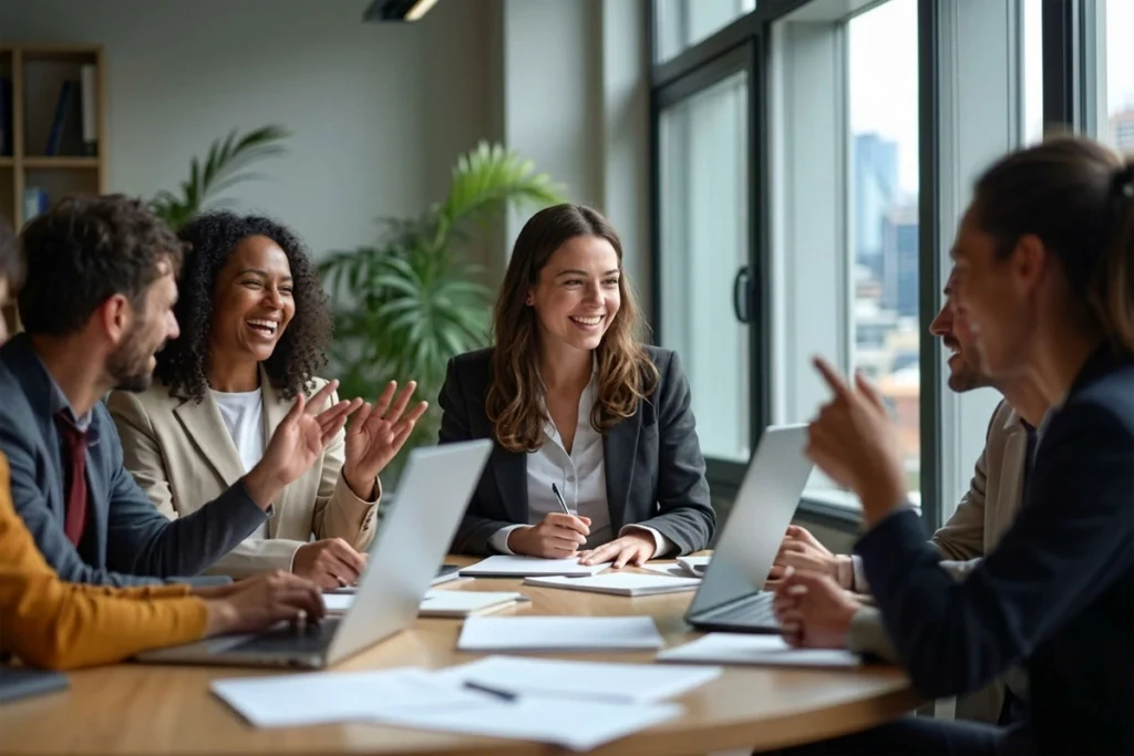 Happy business professionals talking during a corporate meeting