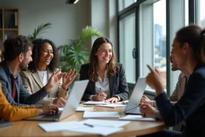Happy business professionals talking during a corporate meeting