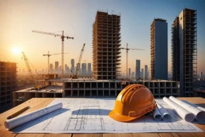 Hard hat beside construction blueprints on a table