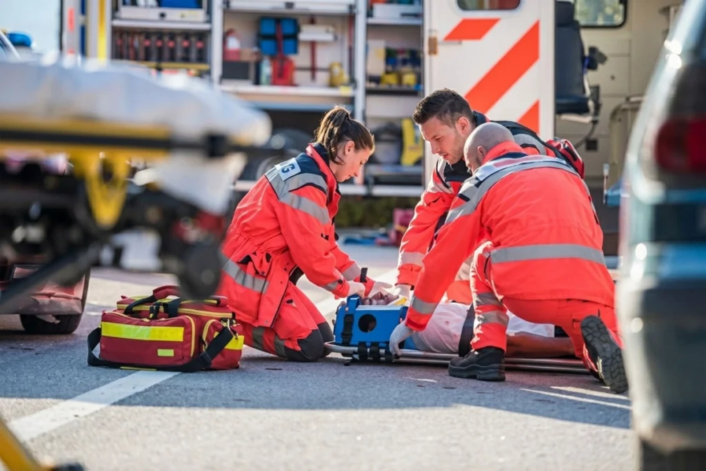 Healthcare professionals delivering emergency treatment to a patient.