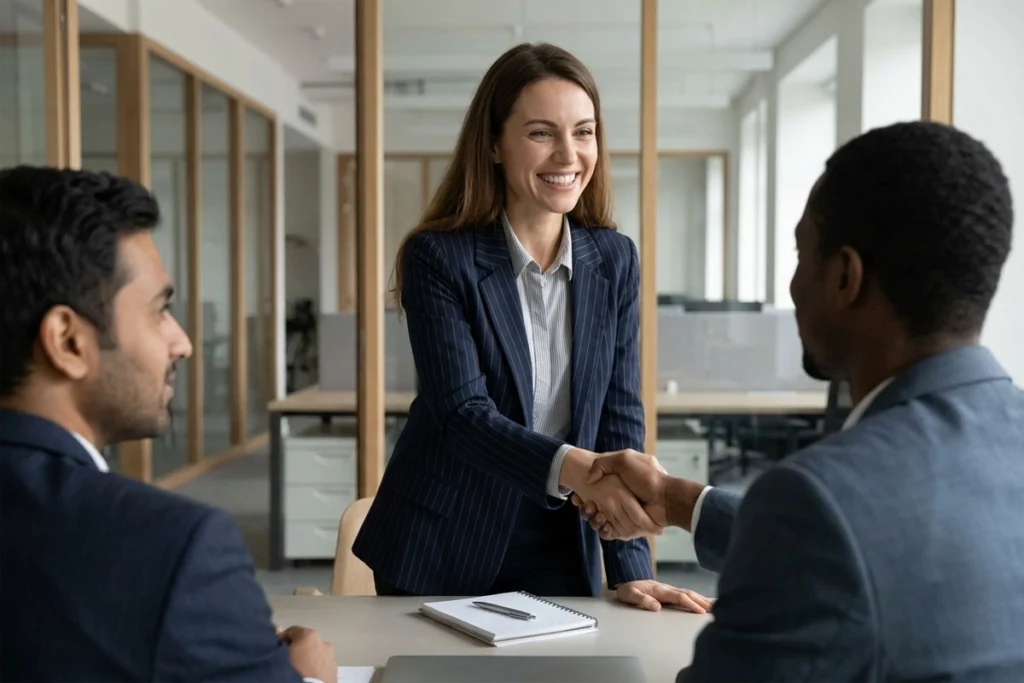 Hiring manager greeting an interviewee with a handshake.