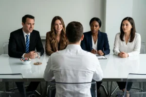 Hiring panel interviewing a job applicant in an office.