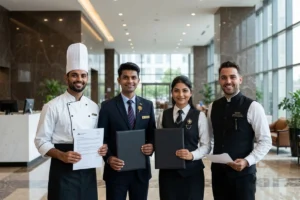 Hospitality staff posing together in their work uniforms