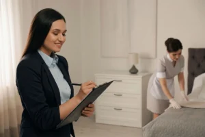 Hotel housekeeping supervisor inspecting a guest room while a housekeeper makes the bed.