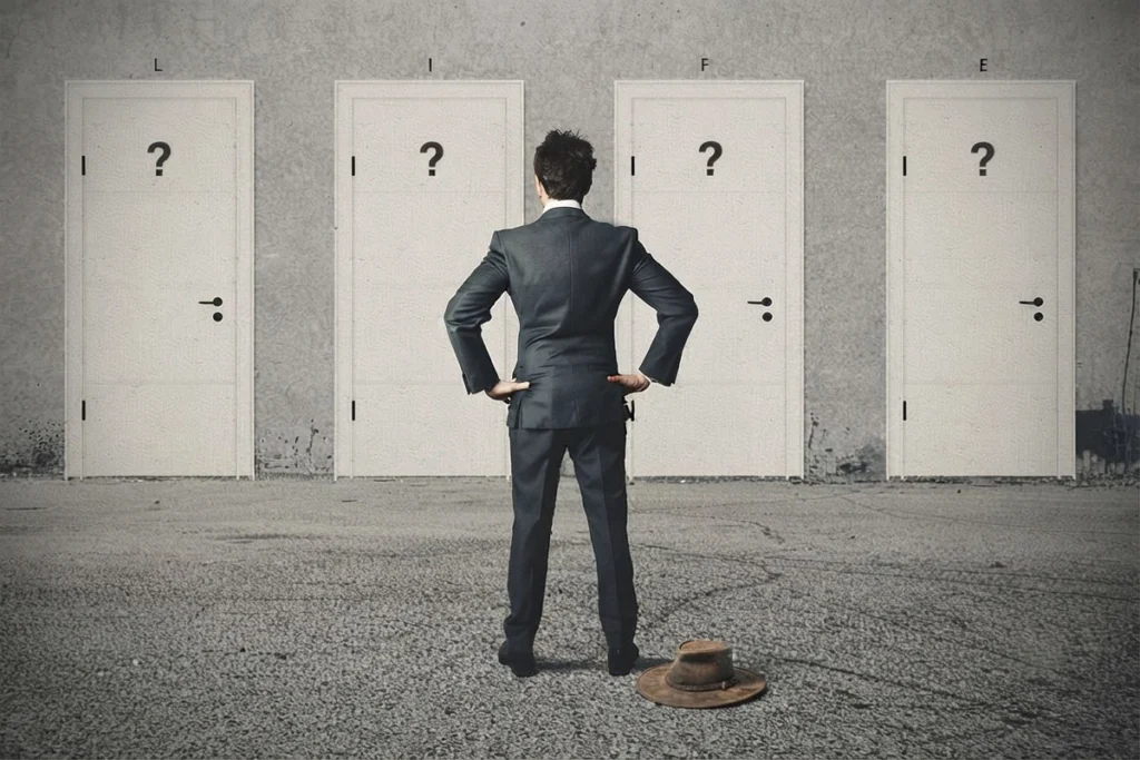 Individual standing in front of multiple doors symbolizing decision-making
