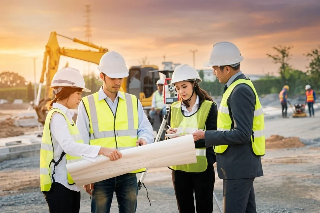 Investors discussing drawings and blueprints at a construction site