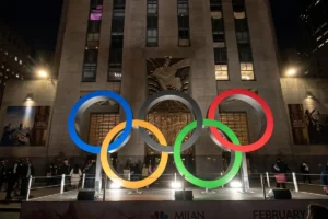 Large Olympic Rings landmark lit up after dark