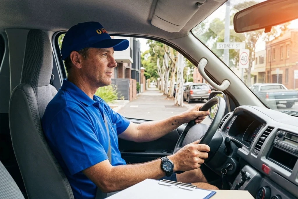 Man driving a vehicle on the road.