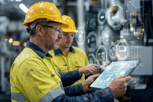Mechanical engineers inspecting project details on tablet