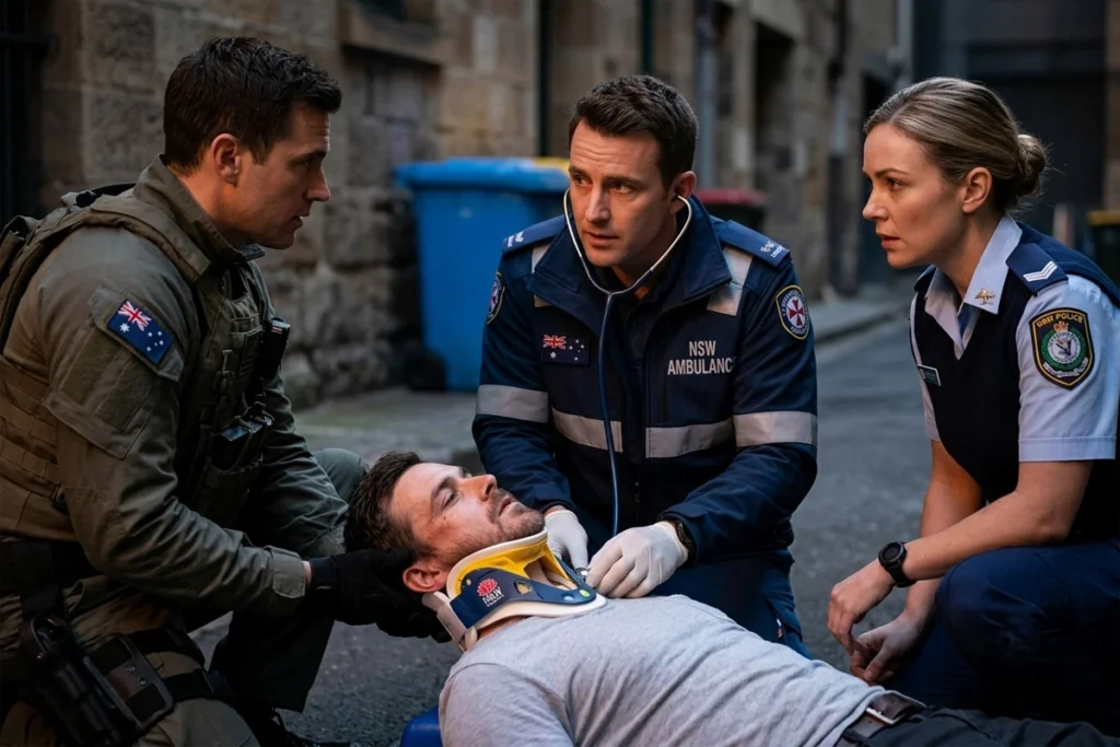 Medical professionals providing first aid treatment to a patient.