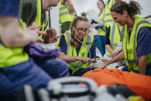 Medical team providing emergency care to an injured person.