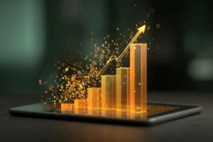 Modern tablet showing gold performance graphs and analytics