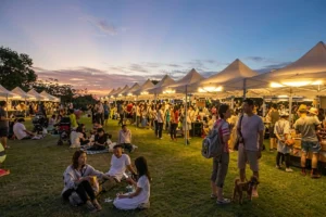 Night market gathering with people seated on the grass and food stalls