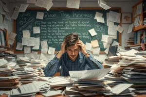 Overwhelmed office worker surrounded by paperwork at a cluttered desk