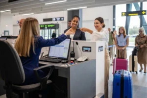 Passenger handing a boarding pass to airport staff during check-in.