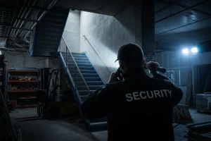 Patrolling guard checking the basement of the building at night