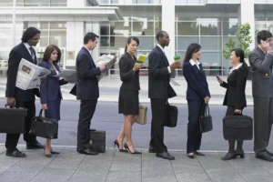 People in business attire standing in an orderly line outdoors