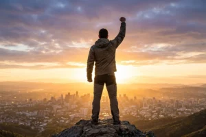 Person raising a hand while viewing the city from a mountain peak