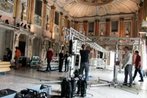 Production team preparing equipment before a live event.