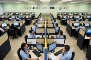 Professional call center staff working in a customer service office.