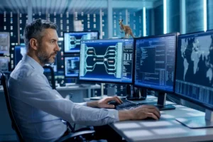 Programmer writing code on a computer in an office.