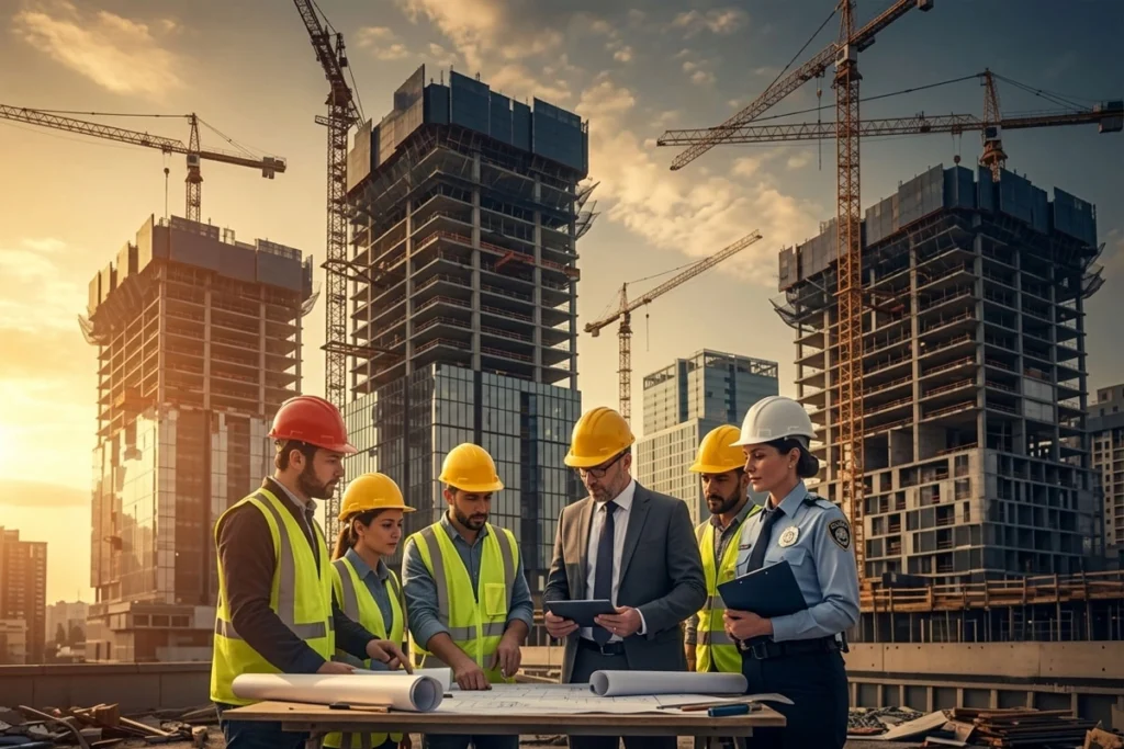 Project team collaboration with engineers, construction workers, and security personnel