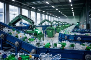 Recycled plastic bottle manufacturing facility producing sustainable packaging.
