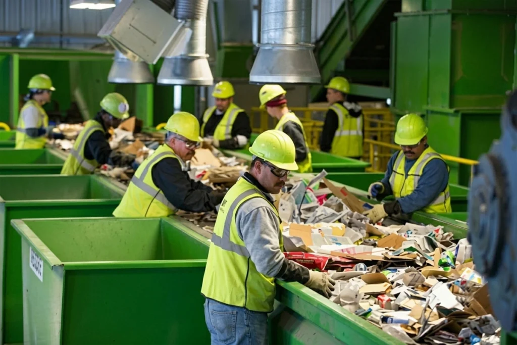 Recycling plant worker wearing a hard hat and safety vest organizing waste materials