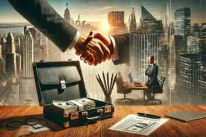 Represent business deal by a handshake, cash, and office setting