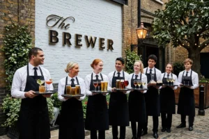 Restaurant staff holding food and beverages while lined up before service.