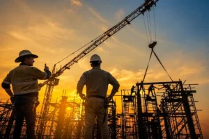 Site engineers overlooking a construction project