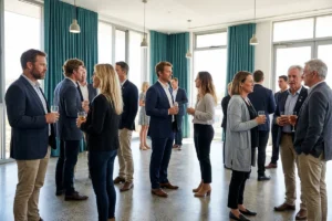 Group of professionals socializing at a business networking event