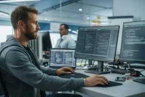 Software developer coding on a desktop computer.