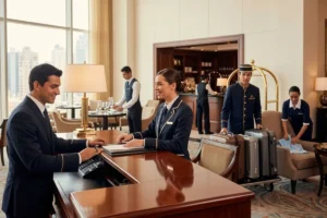 Staff of hotel helping guests in a hotel setting