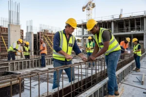Steel worker welding and placing equipment's