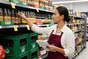 Supermarket staff monitoring beverage inventory for stock management.