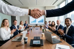 Team celebrating the business agreement with handshake