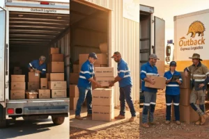 Team of six employees unloading packages for delivery.
