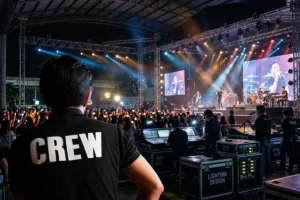 Technical crew managing audio and visual operations during a live event.