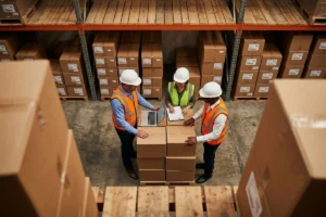 Three engineers reviewing warehouse operations during a site inspection.