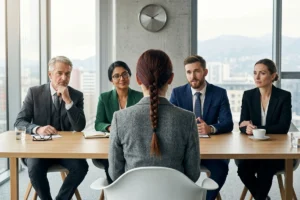 Three interviewers speaking with a candidate during a job interview.
