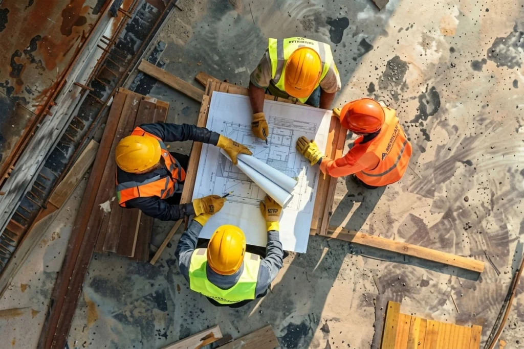 Top view of engineers studying drawings and blueprints together