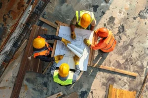 Top view of engineers studying drawings and blueprints together