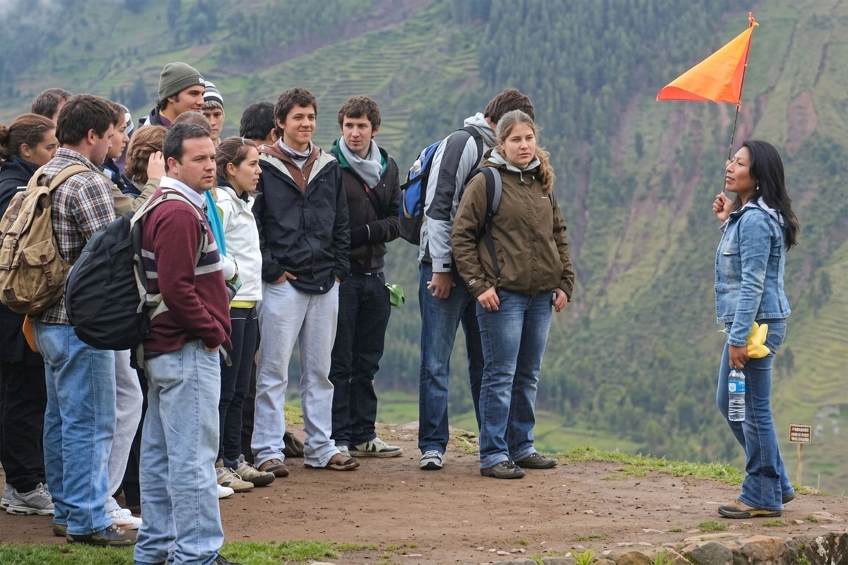 Tour guide leading a group of tourists with a flag