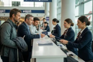 Traveler handing a passport to a flight attendant during the boarding process.