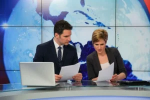 Two broadcasters reviewing a script before a live show.
