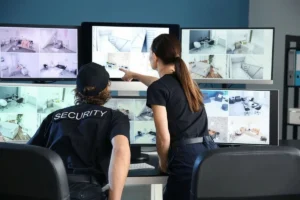 Two security personnel monitoring CCTV footage in a security control room.